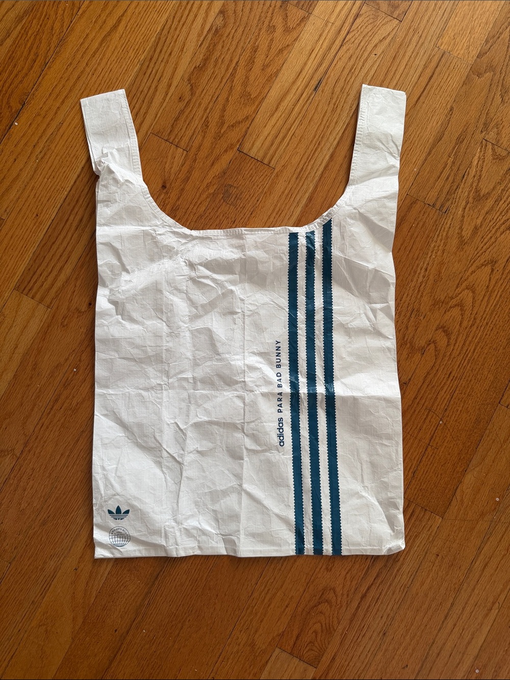 adidas x bad bunny white tote bag with blue stripes